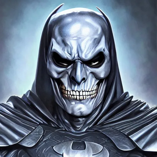 Image similar to ultra realistic portrait painting of skeletor as batman, art by stanley artgerm, 4 k, ultra realistic, highly detailed, epic lighting