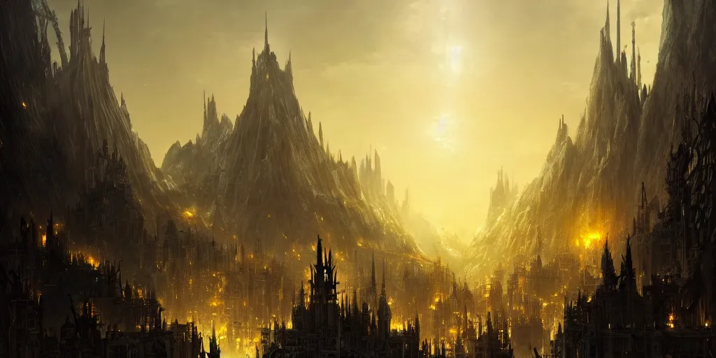 Prompt: majestic epic elven city made of gold, high towers, by the azure ocean. In style of Yoji Shinkawa and Hyung-tae Kim, trending on ArtStation, Greg Rutkowski, dark fantasy, great composition, concept art, highly detailed, scenery, 8K.