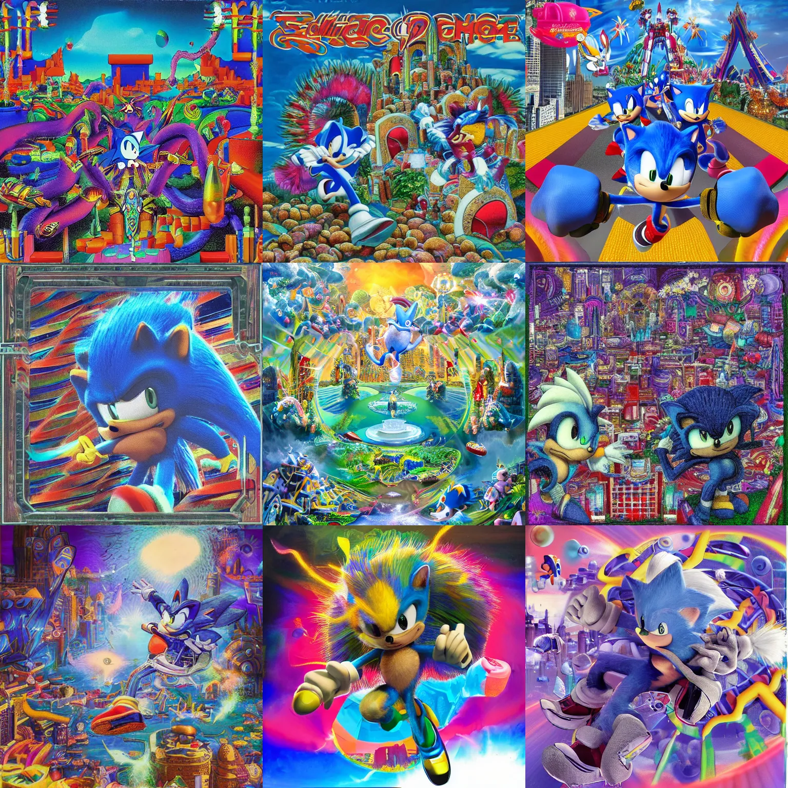 Prompt: sonic the hedgehog in a surreal, soft, detailed professional, high quality airbrush art mgmt shpongle album cover of a chrome dissolving LSD DMT blue sonic the hedgehog falling through a vaporwave sci-fi city, checkerboard horizon, rings, 1990s 1992 Sega Genesis video game album cover