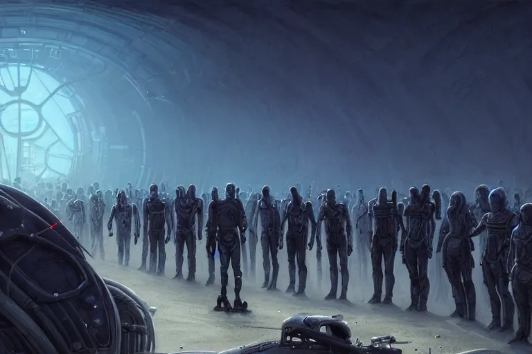 Prompt: a crowd of androids walking in a line along a spiral path towards an ancient alien portal, pilgrimage, in mad max style, stargate, coriolios rpg art style, full of details, dark sci - fi, cold blue colors, matte painting, artstation, 8 k, hyperrealistic, style of peter mohrbacher