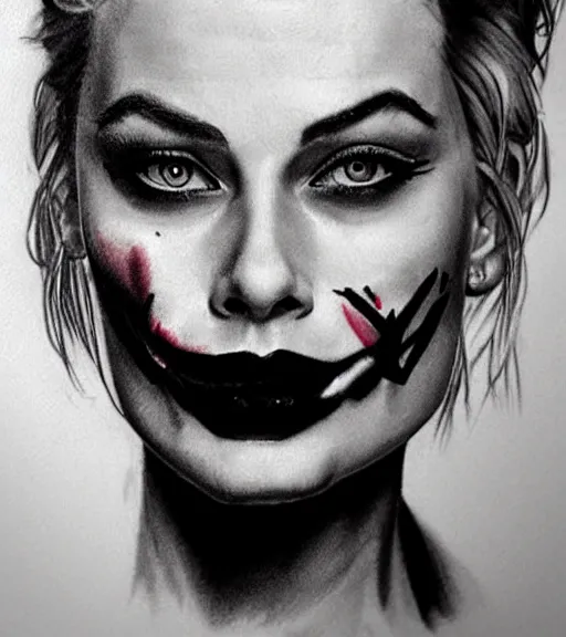 Image similar to tattoo design sketch of beautiful margot robbie portrait with joker makeup, in the style of den yakovlev, realistic face, black and white, faded outline, realism tattoo, hyper realistic, highly detailed