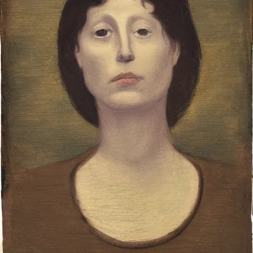 Image similar to violet, family guy by albert pinkham ryder. a beautiful land art. she looks up at me, up & down. she has short - cropped hair, & a scar on her left cheekbone : just a line of black against her deep tan, precise & geometrical. her eyes are pale green.