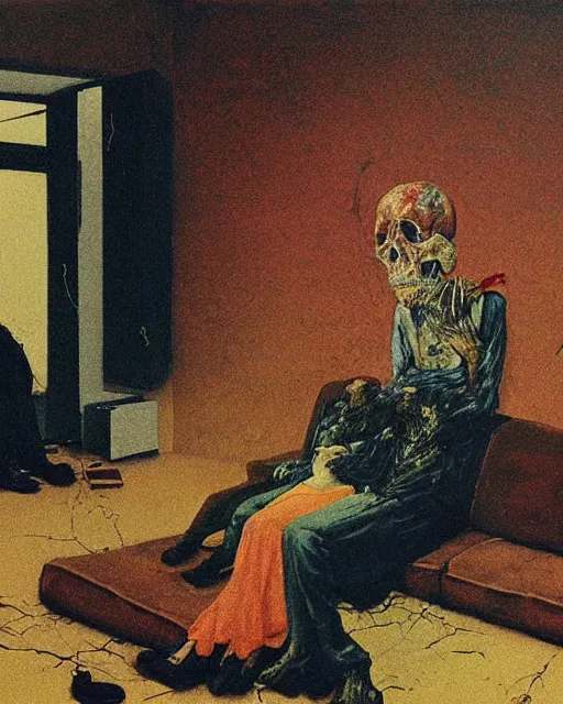 Image similar to an old dead couple sitting on a couch in an old soviet apartment, Beksinski painting, part by Adrian Ghenie and Gerhard Richter. art by Takato Yamamoto, Francis Bacon masterpiece