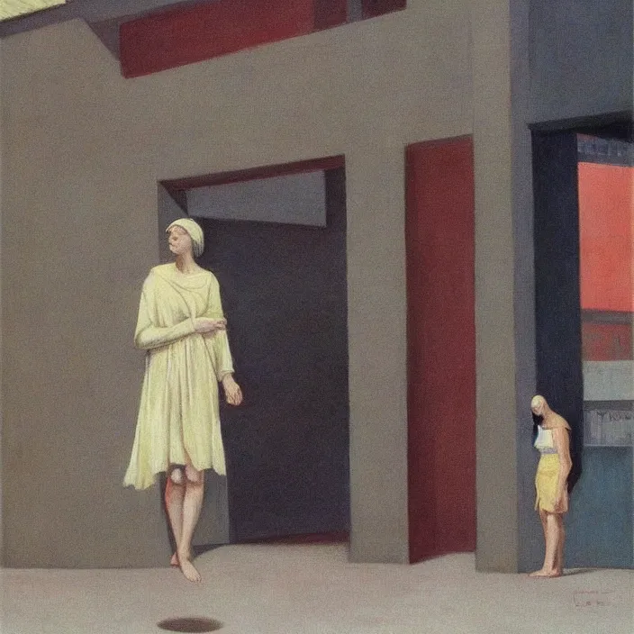 Prompt: woman in translucent robes, short skirt, in magnificent shopping mall, oil painting by edward hopper, zdislav beksinski, wayne barlowe