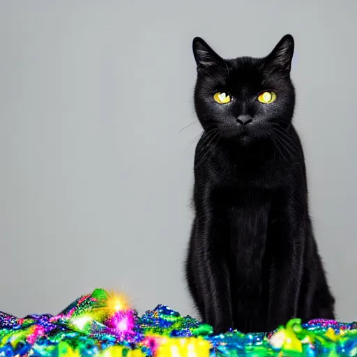 Prompt: a high - quality photo of a black cat covered with ( ( rainbow ) ) glitter, highly detailed, f 3. 5, in - frame, sharpened, sparkly