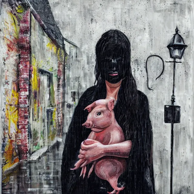 Prompt: a portrait in a dark laneway, a woman holding a piglet, streetlamps, wet, puddles, wild berries, rats, ikebana, octopus, neo - expressionism, surrealism, acrylic and spray paint and oilstick on canvas