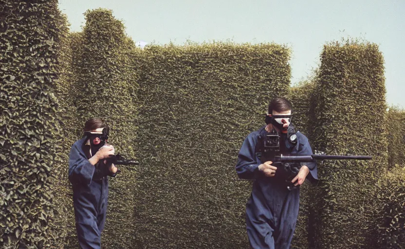 Image similar to cinestill 5 0 d photographic portrait by helen levitt of dark red hazmat scientists with guns walking through a brutalist hedge maze, extreme closeup, cinematic, modern cyberpunk, dust storm, 8 k, hd, high resolution, 3 5 mm, f / 3 2, tenet