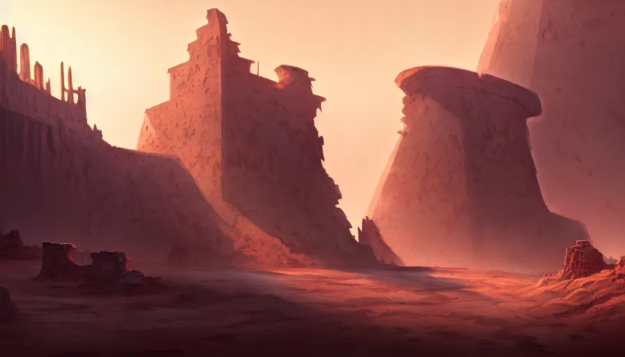 Image similar to concept art by jama jurabaev, cel shaded, cinematic shot, trending on artstation, high quality, brush stroke, ruins of ancient monsters buried in the desert