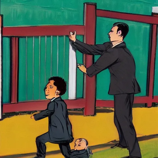 Prompt: a man wearing business attire, dropping his kid of at daycare, by yeeting him over the fence. onlookers are amazed. painting