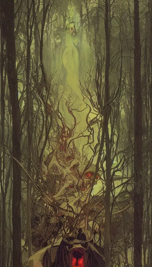 Prompt: a storm vortex made of many demonic eyes and teeth over a forest, by alfons maria mucha