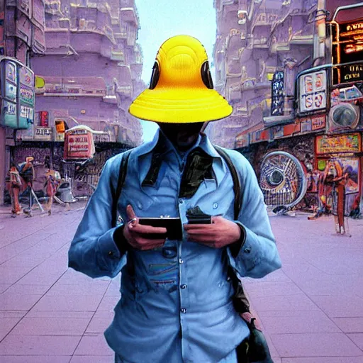 Image similar to a lone android walking in a city, he has a cubic computer screen for a face, on his head he is wearing a bucket hat made of a flamingo print cloth, by John Harri and Michael Whelan and John Berkey and Robert McCall and Chris Foss and Chris Moore and Vincent Di Fate and Rafał Olbiński and Jim Burns
