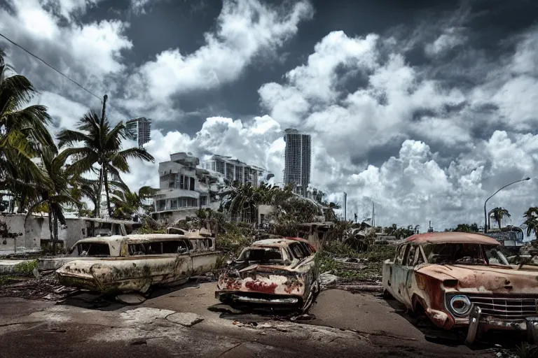 Image similar to wide angle shot of dilapidated fallout 5 miami, tropical coastal city, desolate, dilapidated, just a rusted retro futuristic vintage parked vehicles like cars, buses, trucks, trams, sunny weather, few clouds, volumetric lighting, photorealistic, daytime, spring, sharp focus, ultra detailed, technicolour 1