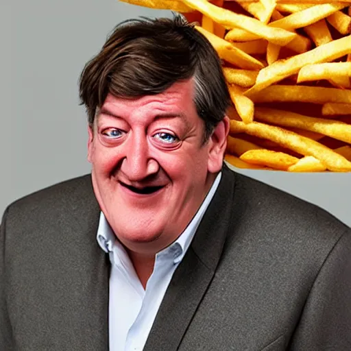 Image similar to photo of [ a single salted french fry chip ] shaped like that looks like stephen fry as a pixar character hybrid intercross mix cinematic lighting