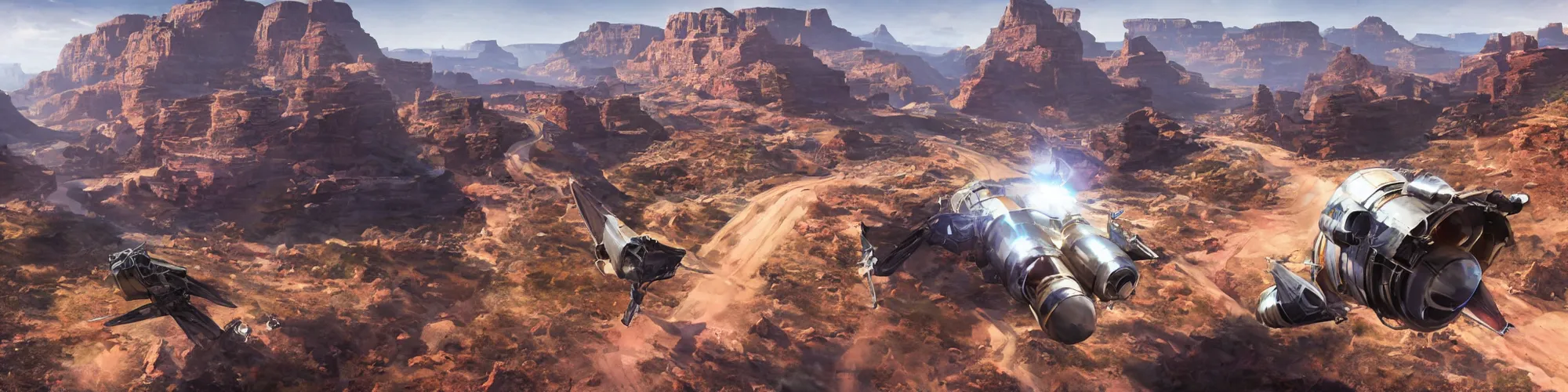 Image similar to spacecraft speed race road into the mountain rocks like grand canyon. Illustration by Blizzard and Ubisoft