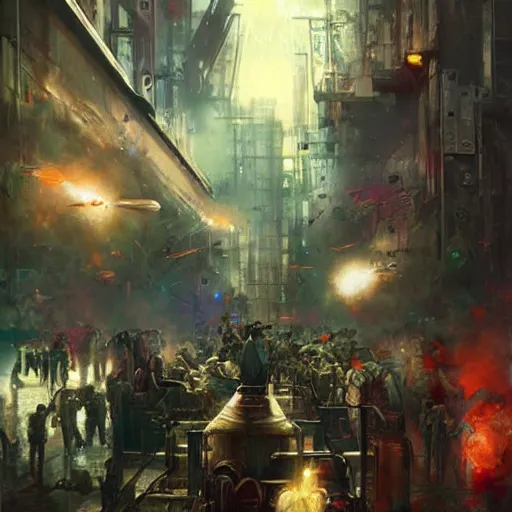 Image similar to neo luddites complaining about new technology by raymond swanland, highly detailed, bright tones