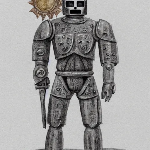 Prompt: Warforged royal guard made of stone, holding a guisarme, with a sun symbol on the center of his chest. Very strong, styled as a sketch with beige parchment and pencil, high detail, full body portrait