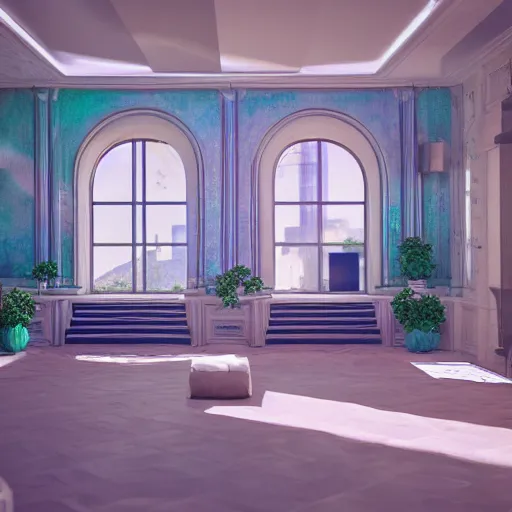 Image similar to liminal space interior of a vaporwave mansion high detail 3D rendered render in unreal engine 8K god rays volumetric lighting trending on art station