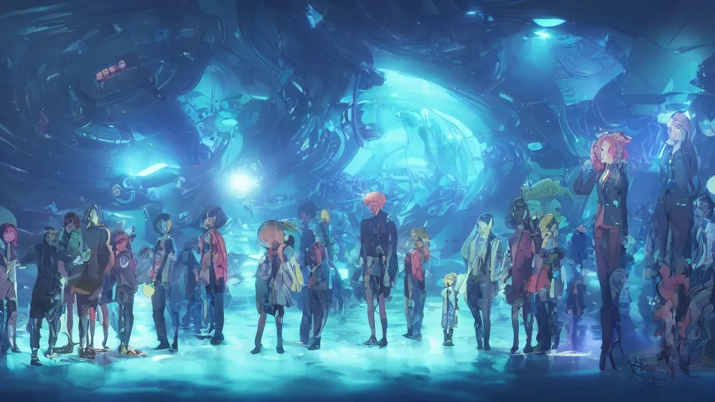 Image similar to a group of scientist watch with joy the marvellous bioluminescent creature that live in the depth of the sea from the bay of a futuristic submarine, dramatic lighting, dynamic lighting, cinematic lighting, by makoto makoto, krenz cushart and artgerm, anime, featured on artstation, ultrawide angle