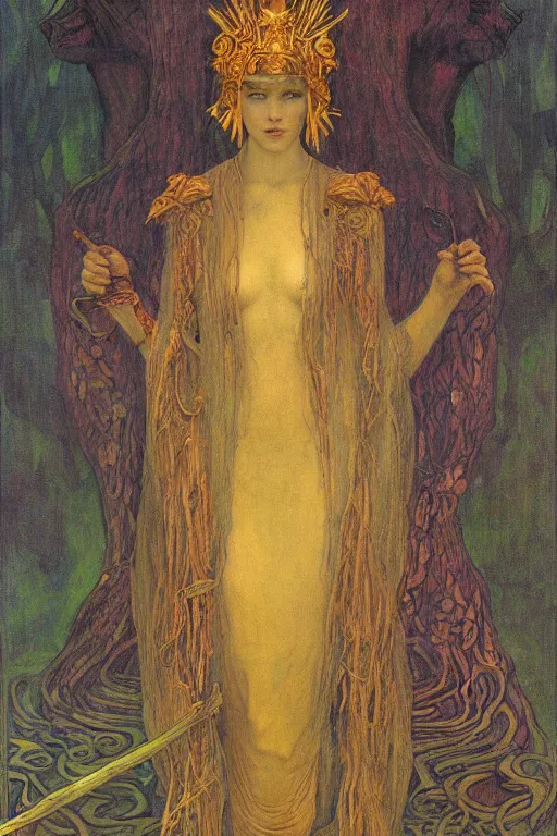 Prompt: queen of the swamp with her lantern by Annie Swynnerton and Nicholas Roerich and jean delville, strong dramatic cinematic lighting , ornate headdress , flowing robes, lost civilizations, smooth, sharp focus, extremely detailed