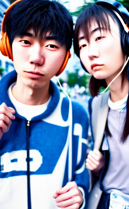 Image similar to ! dream! dream close - up portrait of japanese teenagers male and female, street photography, blue scheme, economic boom, punks, highly realistic, photography, highly detailed, cinematic lighting, tokyo, fashion, wearing sony walkman and headphones, cinestill 8 0 0 t