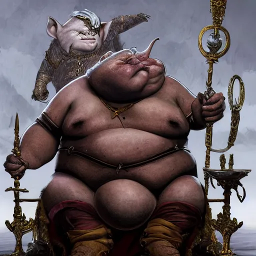 Prompt: A stunning portrait of a fat obese goblin king. He sits on a throne made of human skulls. Epic fantasy art. Award-winning on Artstation. Sharp. HD. 4K. 8K