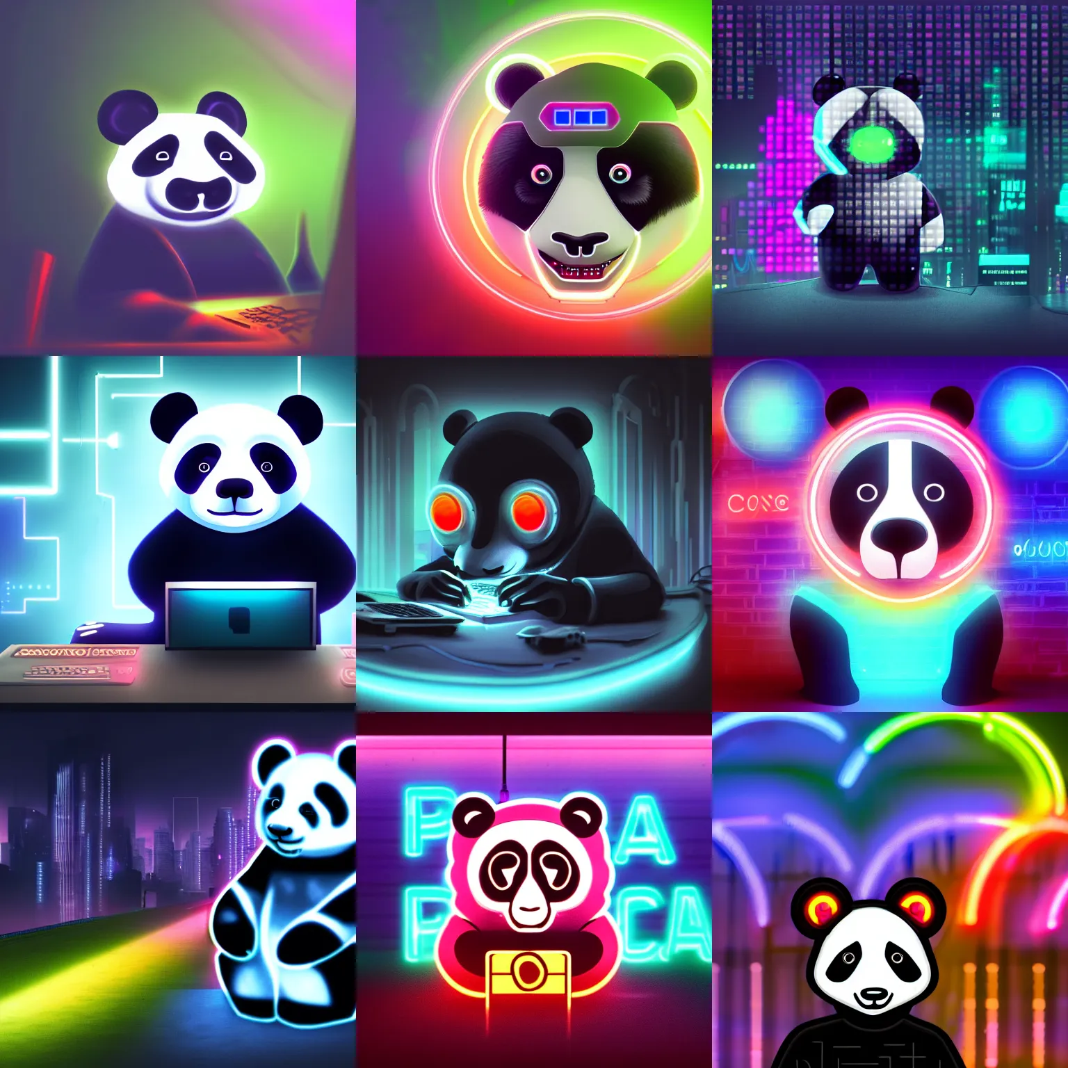 Prompt: the hacker panda is coding, foggy, mystery code, Cyberpunk, neon light, 4k, hd, highly detailed, 8k, rainbow, Unreal Engineer 5