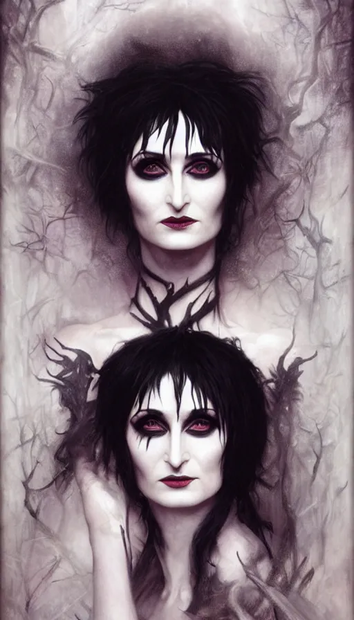 Image similar to portrait of siouxsie sioux, dark and ethereal, expressive pose, peaceful expression, dark gothic dress, fantasy, intricate, dark forest background, highly detailed, digital painting, artstation, concept art, smooth, sharp focus, illustration, art by artgerm and greg rutkowski and alphonse mucha