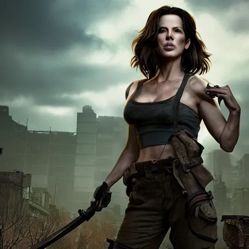 Image similar to fallout 5, charismatic beautiful rugged old kate beckinsale with s sharp katana, portrait, outdoors ruined cityscape, atmospheric lighting, painted, intricate, volumetric lighting, beautiful, daytime, sunny weather, slight overcast, sharp focus, deep colours, ultra detailed, by leesha hannigan, ross tran, thierry doizon, kai carpenter, ignacio fernandez rios