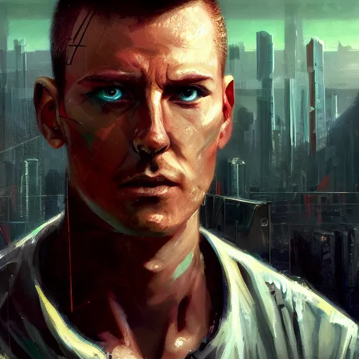 Image similar to cyberpunk, armitage, closeup portrait of a stoic ex soldier with a battlescar and light blue eyes, brown buzzcut, cyborg, dramatic light, city background, sunset, dystopian setting, high contrast, sharp, neuromancer, painted by stanley lau, painted by greg rutkowski, painted by stanley artgerm, digital art, trending on artstation