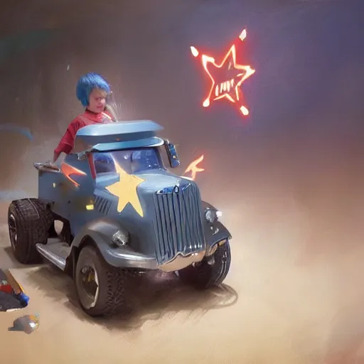 Image similar to close up of child's hand attaching a star - shaped sticker to a truck, digital art by ruan jia and mandy jurgens and artgerm, highly detailed, trending on artstation, award winning