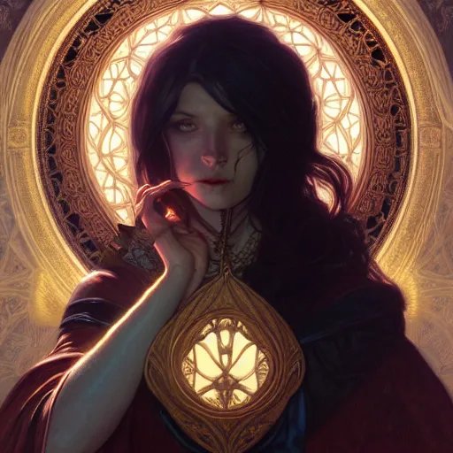 Image similar to Portrait of female sorcerer, dark fantasy, medium shot, intricate, ornate, elegant, highly detailed, digital painting, volumetric light,, artstation, concept art, smooth, sharp focus, illustration, art by artgerm and brom and greg rutkowski and alphonse mucha