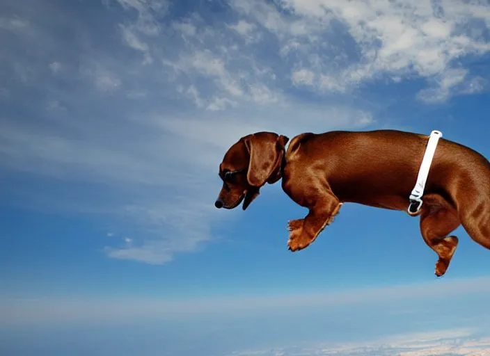 Image similar to brown dauchshund skydiving in a jumpsuit