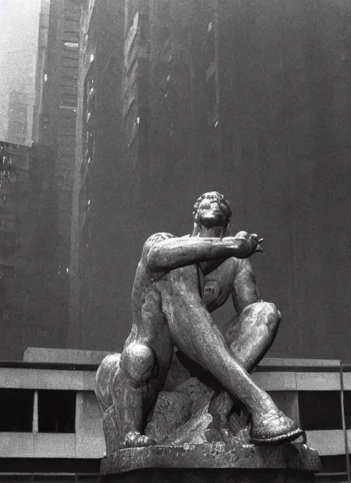 Prompt: giant the thinker statue in the blade runner ( 1 9 8 2 ) city
