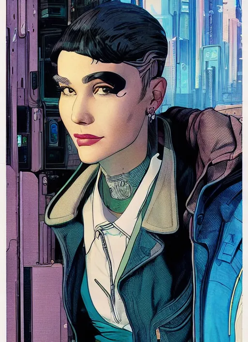 Image similar to cyberpunk police detective. portrait by mœbius and will eisner and gil elvgren and pixar. realistic proportions. cyberpunk 2 0 7 7, apex, blade runner 2 0 4 9 concept art. cel shading. attractive face. thick lines.