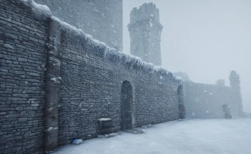 Image similar to the high city wall in the snowstorm, doomy, Unreal Engine, cinematic photography, highly-detailed, games of thrones, HBO, high resolution, 8k, photorealistic, stunning volumetric lighting