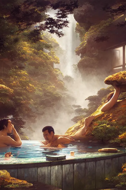 Prompt: a couple relaxing at an onsen hot spring, as drawn by artgerm, greg rutkowski, wide shot, digital artwork by karol bak and rhads, jason chan