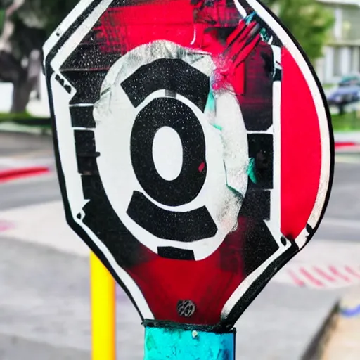 Prompt: stop sign covered in various stickers and spray paint art at a busy street corner