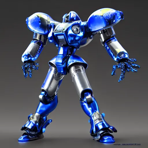 Image similar to liquid metal combat mecha, gouf evangelion, bismuth mechanical exoskeleton wearing hardsurface armour holding scifi weapons, gouf, sculpted by spider zero, jeff koons, chihuly, trending on artstation # chihuly # evagelion # chihuly