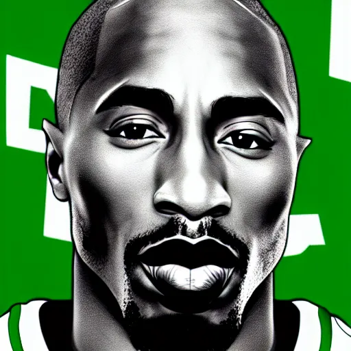 Image similar to portrait of tupac shakur, boston celtics jersey number 3 4, green, white, cartoon digital art, oil on canvas, trending on artstation, octane render