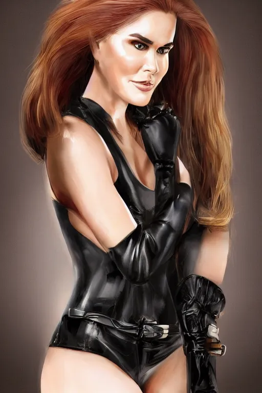 Image similar to mix of beautiful young maria shriver, mariel hemmingway, brooke shields, nicole kidman and elle macpherson as a dominatrix, thin lips, hair tied up in a pony tail, dark blonde hair, colorful, deviantart, artstation, cgsociety