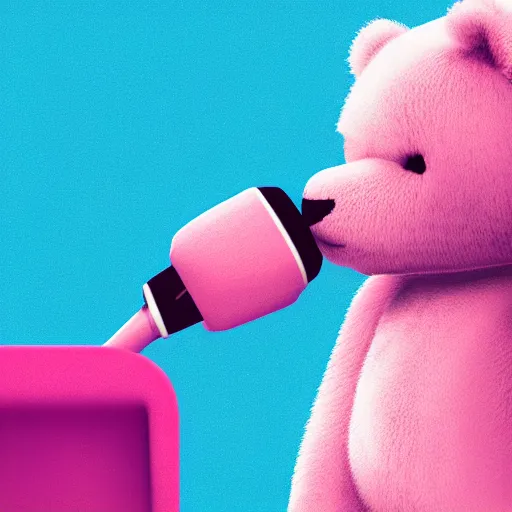 Image similar to iconic vector logo of cute cuddly pink bear with a podcast microphone, melodic, headphones, music, streaming, dreamy, isometric, adorable, octane render, golden ratio, 4k UHD, iconic design