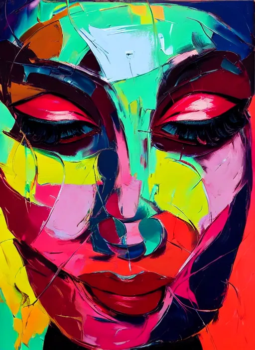 Prompt: an expressive oil portrait painting of a woman's face by francoise nielly, aesthetically pleasing bold colors.