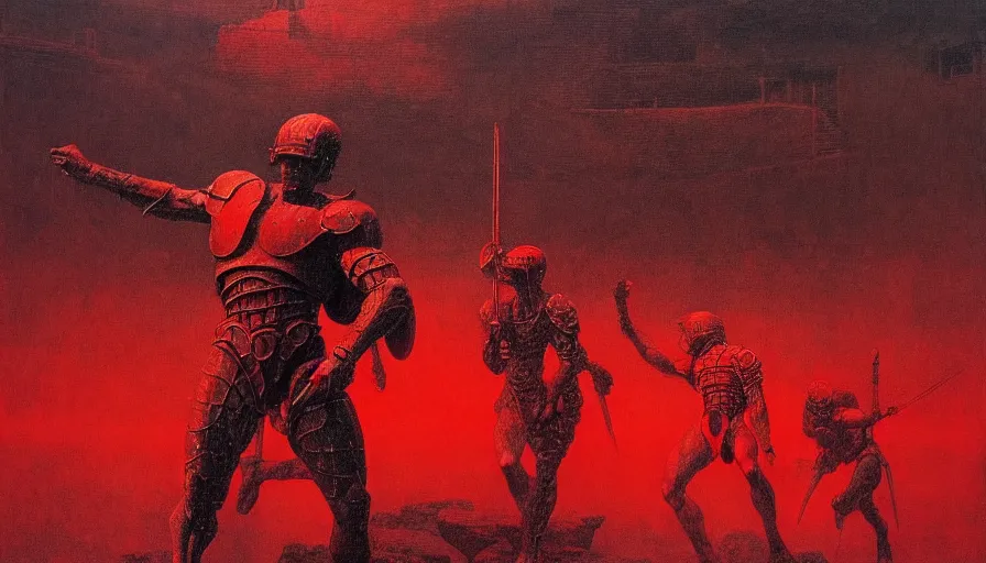 Image similar to only with red, a lightly armored gladiator in a crowded roman amphitheatre, crowd cheering, in the style of beksinski and edward hopper and rodcenko and yue minjun and artgerm, intricate and epic composition, red by caravaggio, highly detailed, masterpiece, red light, artstation