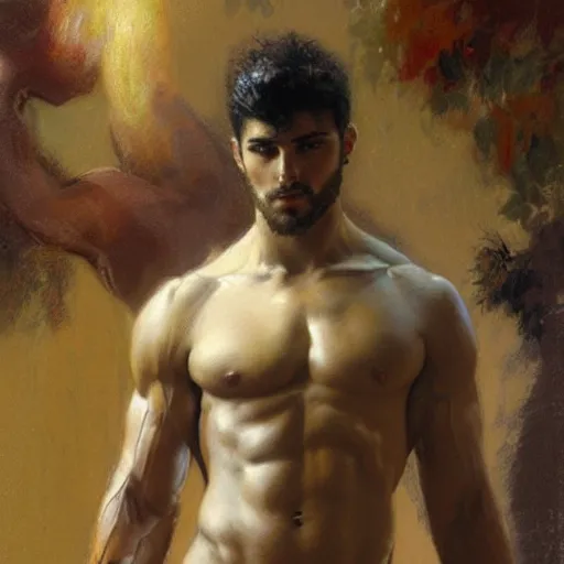 Image similar to Manu Rios with a muscular body type, painting by Gaston Bussiere, Craig Mullins