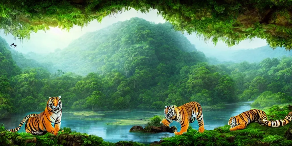 Prompt: scenic landscape, jungle, tigers, snakes, bugs, trees, cliffs, hills, mountains, bushes, ponds, lakes, cinematic scenery, digital art, 8k, trending on artstation, beautiful, breathtaking