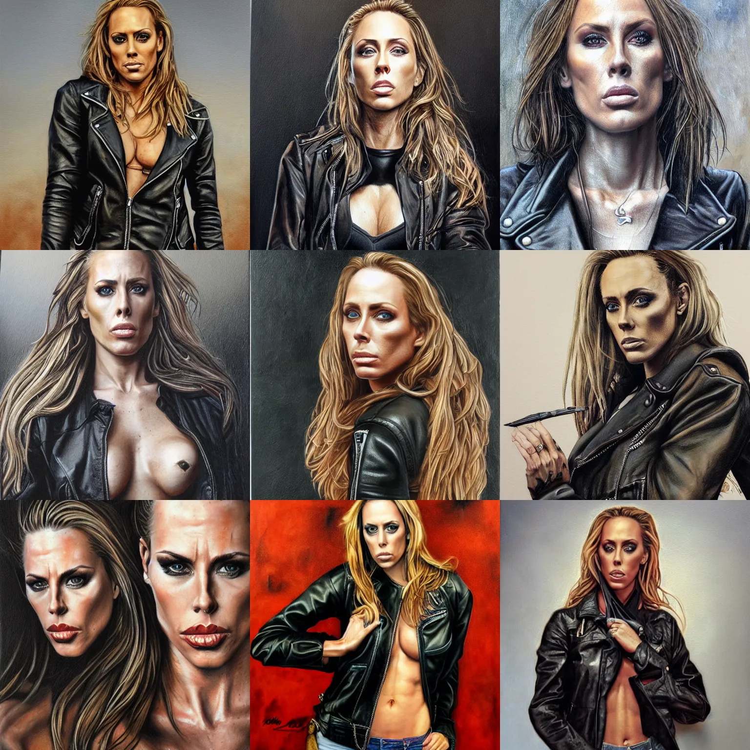 Prompt: portrait of nicole aniston in black leather jacket, gritty, very detailed, hyperrealistic, medium shot, very detailed painting by Glenn Fabry, by Joao Ruas