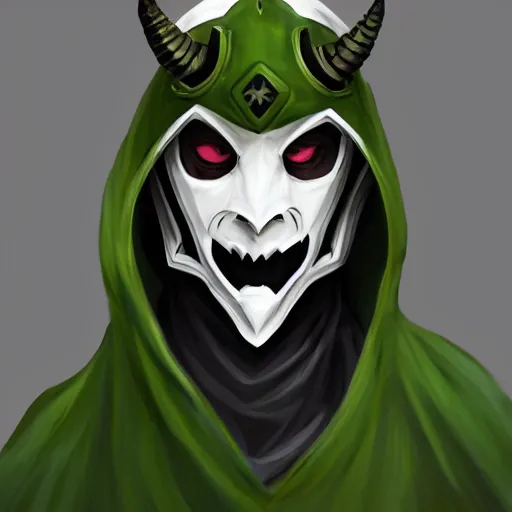 Prompt: tiefling ; demon humanoid ; grey skin ; green horns ; green eyes ; white hood ; japanese mouth mask ; male ; black hair ; white robes ; paladin ; glaive ; cinematic ; trending on artstation ; in the style of studio ghibli ; high detail ; digital art