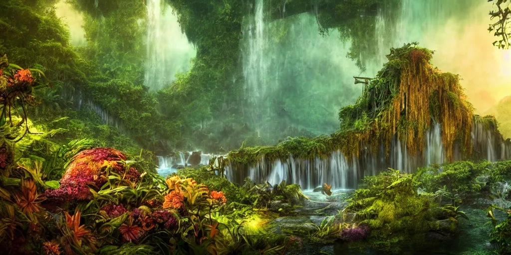 Prompt: a rusty ethereal ghost shipwreck in a prehistoric jungle, lush flora, waterfall, towering mountains, flowers, vines, sunset, hazy, volumetric lighting, rtx on, washed out colors, an award winning digital render, beautiful, stunning, ultradetailed, great composition