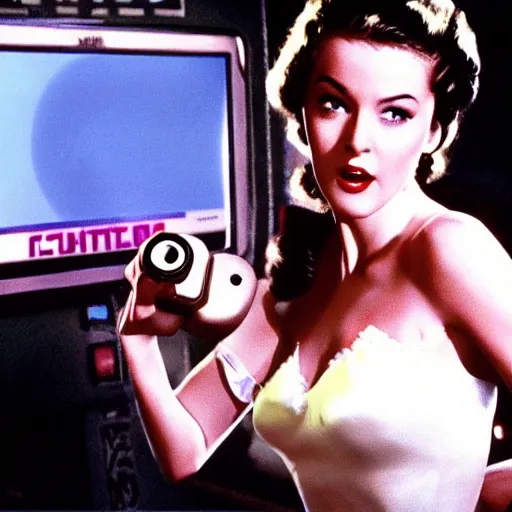Image similar to a still of a beautiful pin up playing with a Gamecube controller, in the movie Lifeforce (1985), highly detailed and intricate, cinematic lighting, 4k HDR