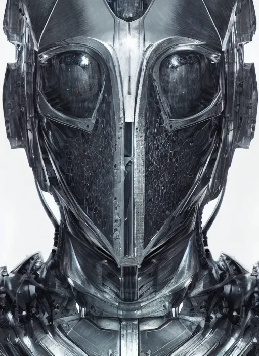 Image similar to portrait of a futuristic silver armored knight district 9 cyborg, in the style of annihilation with eyes made from fusion reactors, modern fine art, fractal, intricate, elegant, highly detailed, digital photography, subsurface scattering, by jheronimus bosch and greg rutkowski,
